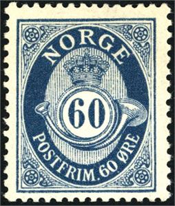 109 I. 60 øre posthorn i mørkere blå nyanse. (4.400,-).