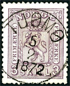 13 a. 3 skill 3, rettvendt fullstemplet "Tjømø 5.2.1872". Fantastisk farge!