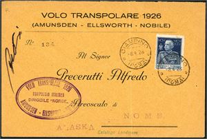 An Italian 1,25 Lire on envelope from the "Volo Transpolare 1926 (Amundsen-Ellsworth-Nobile), cancelled "Ciampino 8.4.26" and sent to Nome, Alaska. The "Volo Transpolare"-label on reverse with a small mark "Norge" in lillac.