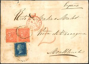 Z 5/45-47, Z10/95. DWI. 10d postage to Spain. One 2d blue and two 4d orange (pl 13) on envelope to Tarragona, cancelled "C 51" and "London B Paid A 20 Ap 70" in red beside. "St. Thomas B Ap 12 70" and arrival postmark "Tarragona 30 Ap 70" at reverse. The envelope and stamps with some stain and a tear in upper left corner.