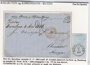 Brev fra Barcelona stemplet "8-5-1863" til Arendal. Påskrevet "via Paris og Hamburg". Bak "SANDØSUND 17-5-1863"