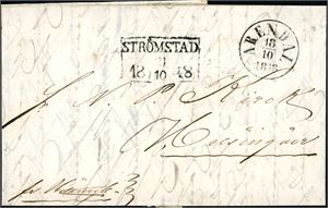 Komplett brev, stemplet "Arendal 18.10.1848" i svart og sendt til Helsingør, Danmark. Transittstempel "Strømstad 21.10.1848" på forsiden.