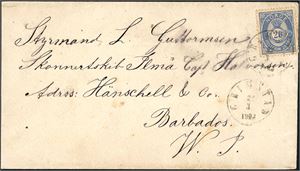 54. 20 øres porto til Vest-India. 20 øre 20 mm på konvolutt til Barbados, stemplet "Grimstad 22.3.1889".