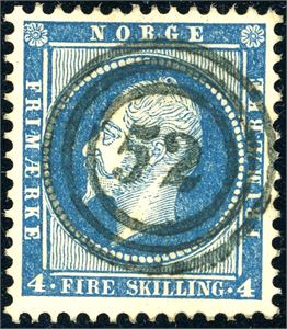 4. 4 skilling Oscar, anert med et rettvendt nummerstempel "52" (Egersund).