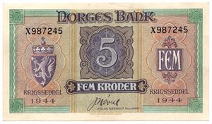 5 kroner 1944 X.987245.  Kv.0/01