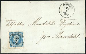 4 c. 4 skilling Oscar på brevomslag, pent stemplet "Øvrebø 24.4.1862" (VA, 7 pkt).