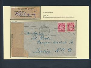 Nk 100 på sensurbrev stemplet "KRISTIANIA Br. 8 VIII 18" til Berlin, Tyskland