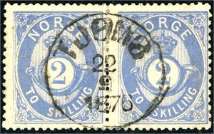 17 c. 2 skilling Posthorn i ultramarin nyanse i horisontalt par, pent stemplet "Tjømø 22.9.1876".