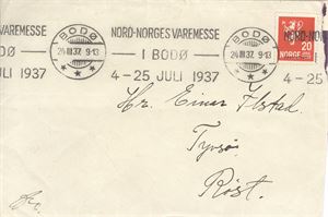TMS 1937/07 Bodø 24-III-37 "Nord-Norges Varemesse i Bodø" med 20 øre løve på brev sendt til Røst