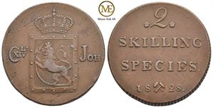 2 skilling 1828 Carl XIV Johan. Kv.1+