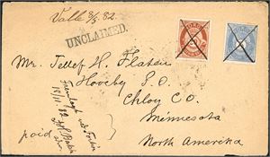 24 IIIaa,27. 25 øres porto til U.S.A. 5 øre- og 20 øre skravert Posthorn på konvolutt til Minnesota, hvert merke er anert med blekkryss, og ved siden håndskrevet "Valle 8/5 82". Baksiden med "Christianssand 11.5.82" samt 3 amerikanske stempler, samt "Evje 15.8.1882" da brevt har blitt sendt i retur.