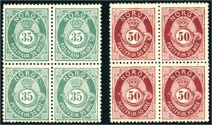 22,24 IIa,29b,30. 1 øre-, 5 øre-, 35 øre- og 50 øre skravert Posthorn i hver sin 4-blokk. De to sistnevnte er postfriske.