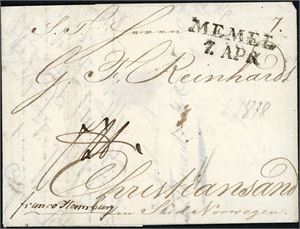Komplett brev, datert "Riga" i 1818, stemplet "Memel 7. Apr." og påskrevet "Franco Hamburg" og sendt til Christiansand. Satt i porto med 220 skilling.