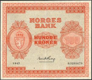 100 kroner 1947, serie B.3208679. 1+