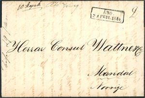 Komplett brev fra Finland til Mandal, stemplet "Åbo 2 April 1849" (Turku) og ved siden påskrevet "10 Kopek" og "Åbo 3/4-49". Transittstemplet "Stockholm 9 Apr. 49" på baksiden.