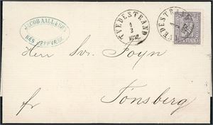 13. 3 skill 3 på komplett brev til Svend Foyn, Tønsberg, stemplet "Tvedestrand 4.3.1872".