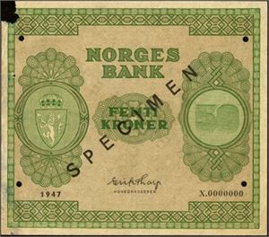 50 kroner 1947 X.0000000 Specimen. Kv.01