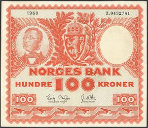 100 kroner 1960, serie Z.0432781. Erstatningsseddel. 1