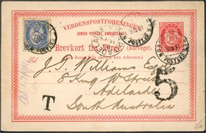 54. 10 øre Brevkort, oppfrankert med en 20 øre 20 mm og sendt til Syd-Australia, stemplet "Nordbanernes Postexp. 9.8.91". Ved ankomst er Brevkortet stemplet "Adelaine " samt satt i porto, påstemplet en "T" og et stort "5"-tall.