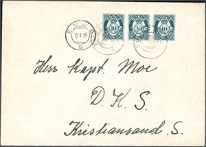 388. Tre 10 øre Posthorn på konvolutt, annullert med KPH "Evjeflot" (AA, 5 pkt)og ved siden stemplet "Evje 12.1.54". Konvolutten med en liten rift i høyre side, som knapt sees.
