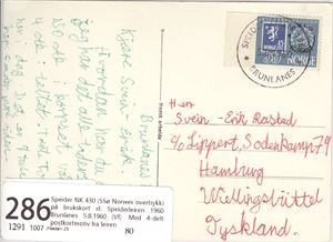 Speider NK 430 (55ø Norwex overtrykk) på brukskort st. Speiderleiren 1960 Brunlanes 5.8.1960 (Vf)  Med 4-delt postkortmotiv fra leiren