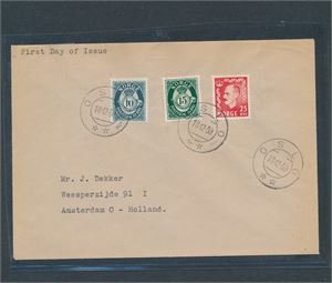 FDC Nk 388-89 og 393, bruksmerker på brev til Nederland (Hk 2700)