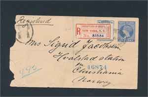 TURKS ISLANDS Oppfrankert helsak påsatt rek-etikett i New York og sendt til Grimstad 1910. Stygt åpnet venstre side, mange stempler bak