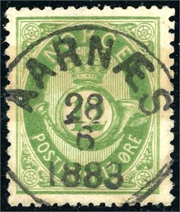 26. 12 øre skravert Posthorn, rettvendt fullstemplet "Aarnæs 28.6.1883". Vakkert merke.
