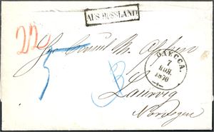 Komplett, ufrankert brev, stemplet "Odessa 7 Oktober 1870" og sendt til Larvik. Ved siden stemplet "Aus Russland". Baksiden stemplet "Breslau-Berlin" og "Christiania Omk. 29.11.1870".