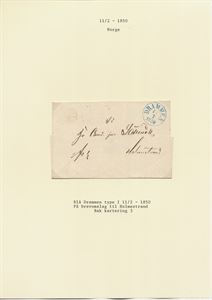 Prefil Drammen 11/2-1850 (Blå) på brevomslag til Holmestrand.  Bak Kartering 3