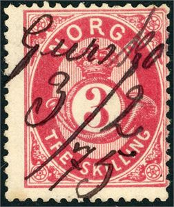 18. 3 skilling Posthorn, anert med håndskrevet stedsnavn "Gurskø 3/2 75" (MR).