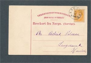 TELEMARK Kort med enrings "LANGESUND 23-12-1905" sendt lokalt. Overraskende sen bruk av et gammelt stempel