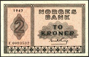 2 kroner 1947, serie F.0093532 1+/01