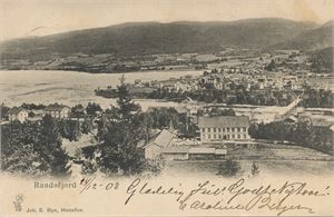 Randsfjord. Oversiktskort (J.Bye) brukt 1903 udelt bakside.  Frim. Fjernet