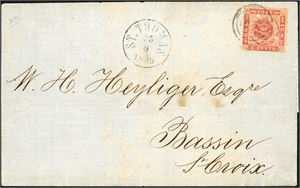 1 C. DWI. 3 cent (2. print, 1866) on entire, cancelled with a stub postmark, and "St. Thomas 25.9.1869" at side. Three margins, and touching at bottom.. Some small holes on the envelope and two in the stamps after desinfections of the letter. ex. K. Klugman. Cert. L. Nielsen.