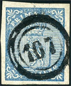 1. 4 skilling våpen 1855, anert med nummerstempel "107" (Hegebostad, VA, 10 pkt). Gode til normale marger.