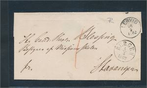 Ufrankert brev stemplet "LERVIG 28-2-1862" til Stavanger sidestemplet "BERGEN 4-3-1862". Lervig-stempelet er ikke så vanlig