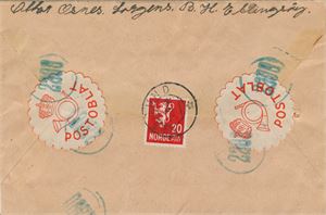 Oblatstempel  ÅLESUND (MR), stemplet TA -4 9 44 på bankobrev til Ulsteinvik, frankert med NK 250. Baksiden med to store røde postoblater og avtrykk av oblatstempel nr. 2200 i blågrønn farge. NK246 som tellegebyr stemplet Ålesund TA.