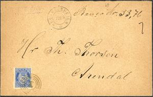 79. 20 øre posthorn på bankokonvolutt (Kr 33,76), anert med 4-rings "94" (Myren, Vegaarsheien, AA), og ved siden stemplet "Vegaardsheien 7.8.98". Transittstempel "Tvedestrand 27.8.98" på baksiden