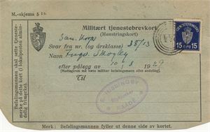 IV 244 - SMØRSTEIN (VF / 7) på militært tjenestebrevkort med TM 3, sendt til Stykjunker E. Hissingby, Raade, i august 1929. Brevkortet er klippet i hjørnene etter brannskader.
