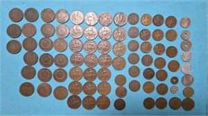 FRANKRIKE, stor lot äldre franska mynt 1800/1900-tal, mest 5-10 centimes i brons men även 1fr 1916 i silver