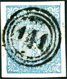 1. 4 skilling Våpen 1855, annullert med nummerstempel "141" (Indvigen, SF, 8 pkt). Gode- til normale marger.  Attest FCM.