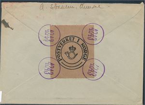 OBLATSTEMPEL "4243" på baksiden av brev frankert med Nordkapp III st "Oslo 8-10-43". Svak arkivbrett