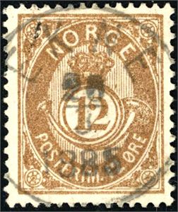 45 I. 12 øre brun, rettvendt stemplet "Ekne 28.3.1885" (NT).
