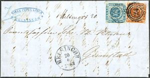 3,9. Denmark. 6 skillings rate to Norway. 2 s and 4 s roulette on cover to Grimstad, cancelled with number "24" and "Helsingør 20.6.1863" at side. Transitt cds "Christiania" at reverse. The 2 s with three good margins, and narrow at the left side, the 4 s with some "perfs" fault in upper right corner. Cert. C. Aa. Møller.