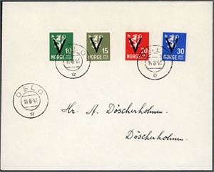 279,281,282,284. 10 øre-, 15 øre-, 20 øre- og 30 øre V på konvolutt, stemplet "Oslo 14.8.41". (1.500,-).