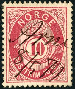 25. 10 øre skravert Posthorn, anert med håndskrevet dampskipsnavn "Arne 8/5 79".