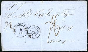 Brev med noe innhold fra Cette, Frankrike til Tønsberg, stemplet "Cette 9 Nov 57" og "Sandøsund 14.11.1857" på forsiden, der også det uvanlige portotallet "78" er påtegnet. Baksiden med tre franske stempler samt portoutregningen på 79 skilling som inkluderer 1 skilling bærepenge. Brevet med en rift oppe på midten og en liten nede.