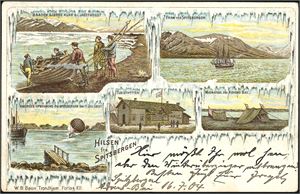 Hilsen fra Spitsbergen. Frankert med 3 posthornmerker, stemplet "Digermulen 19.6.04" og ved siden påsatt en 5 øre Spistbergen-etikett som er stemplet "Spitzbergen 15. Juli 1904" i lilla. Ankomststemplet "Bentheim" i Tyskland.