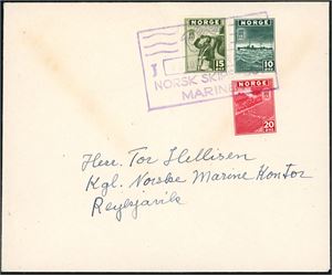 333-335. 10 øre-, 15 øre- og 20 øre London på konvolutt, stemplet "J M 23 Nov 1944 Norsk Skipspost Marinen".